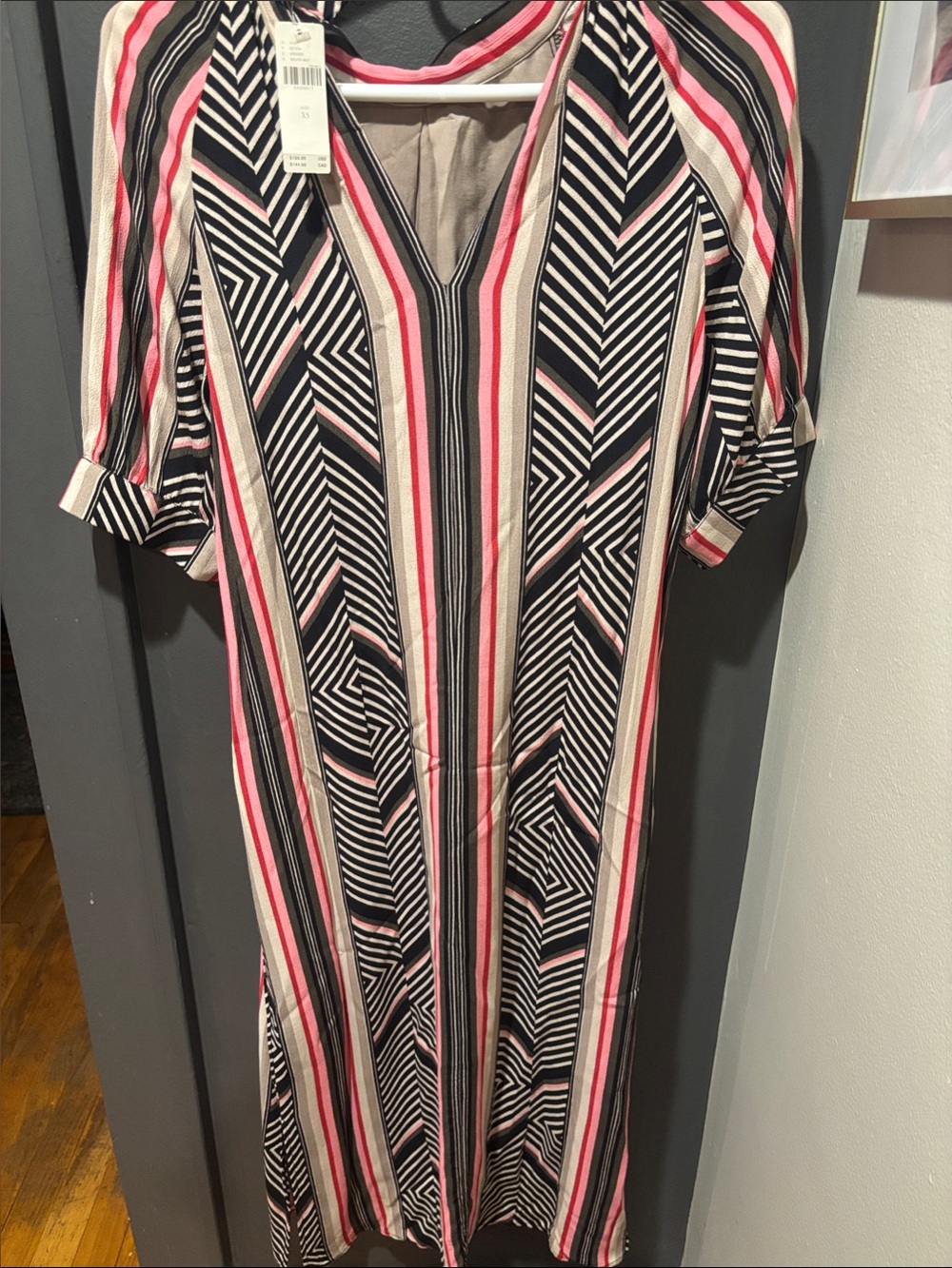 Anthropologie Striped V-Neck Midi Dress in Black, Pink & Cream